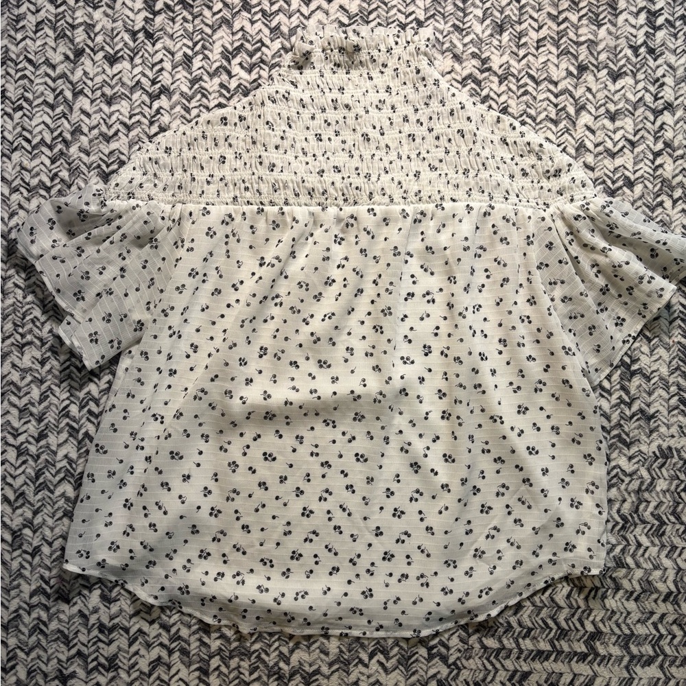 Women’s Small Mock Neck Delicate Ruffle Blouse Black and White Cherry Print